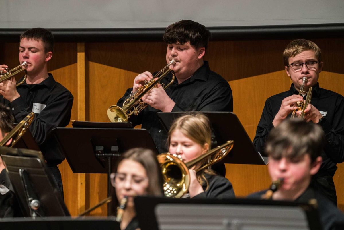 North Scott High School trumpet players perform during their Jazz Day performance on Thursday inside the Music Building. NIU faculty listened and commented after the performances from 11 different high school bands throughout the day. (Eric McGill | Northern Star)