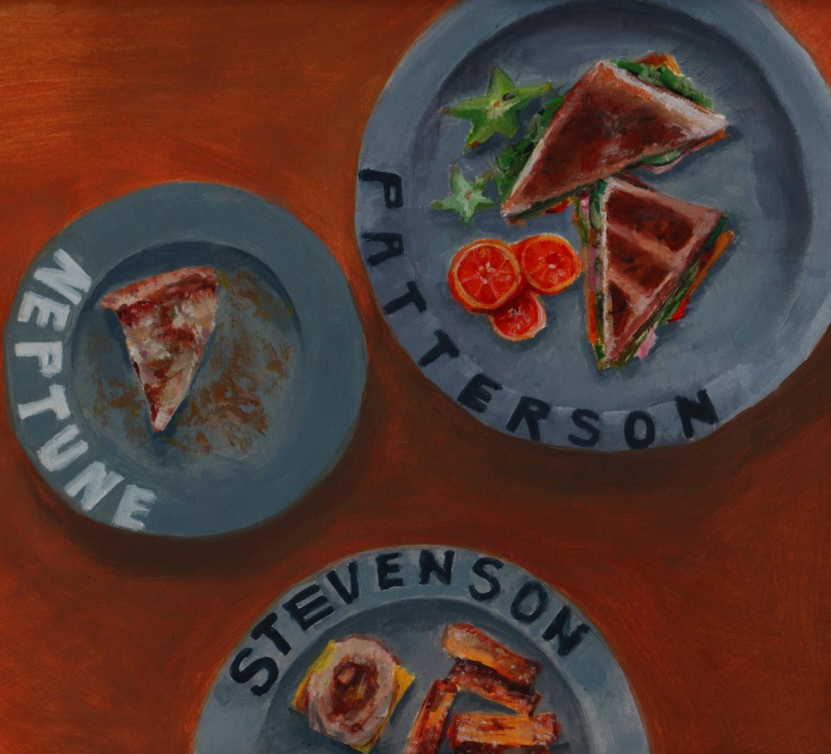 A cartoon depicts three plates of food each reading "Patterson, Neptune, Stevenson" respectively. Cartoonist Sammy Duthie thinks dining hall food options should be of equal quality, and it is unfair that one dining hall would have less variety and nutritional options. (Sammy Duthie | Northern Star)