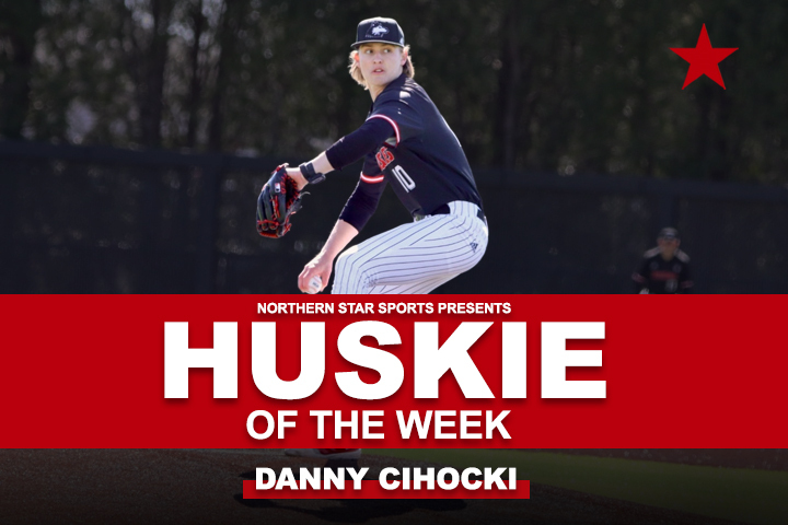 

A graphic depicts NIU baseball junior pitcher Danny Cihocki as this week’s Huskie of the Week. Cihocki pitched seven innings while allowing one run in the Huskies’ game against Presbyterian University on Saturday and was named the Mid-American Conference Co-Pitcher of the Week. (Edison Miller | Northern Star)