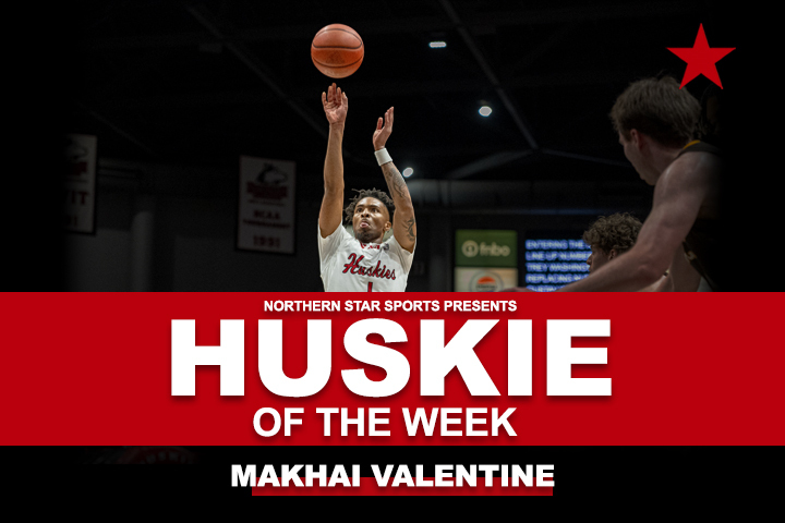 A graphic depicts NIU men’s basketball sophomore guard Makhai Valentine as this week's Huskie of the Week. Valentine was NIU’s leading scorer in the Huskies’ 75-74 win over Georgia State University on Saturday.  (Edison Miller | Northern Star)