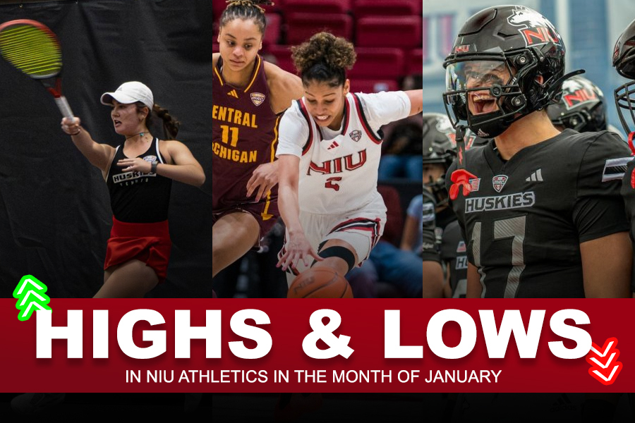 A graphic shows NIU student-athletes from various sports with arrows indicating highs and lows. Sports Editor Kalin Schaefer discusses the high and low moments for NIU Athletics in January. (Edison Miller | Northern Star)