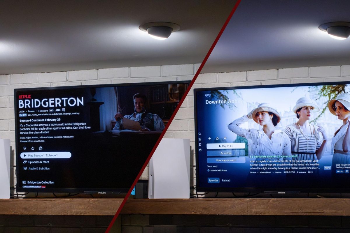 The homepages for Bridgerton (left) and Downton Abbey are displayed on a television screen. 
Lifestyle Writer Caleb Johnson compares the two shows. (Ethan Rodriguez | Northern Star)
