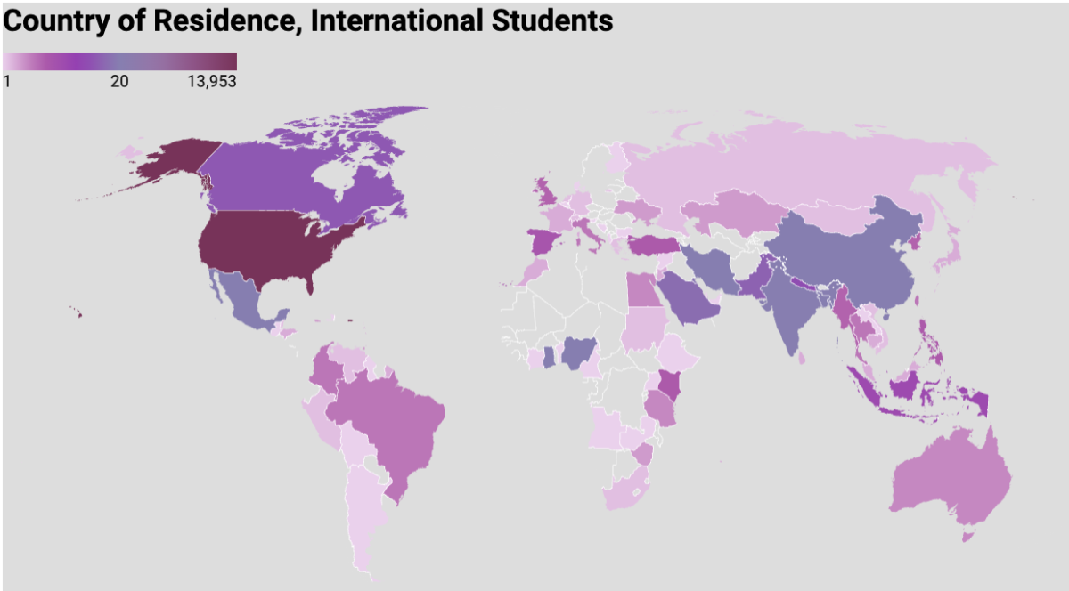 A heat map of the world is pictured, highlighting how many NIU students come from each country. The U.S. has the most, with 13,953. (Isabella Froh | Northern Star)