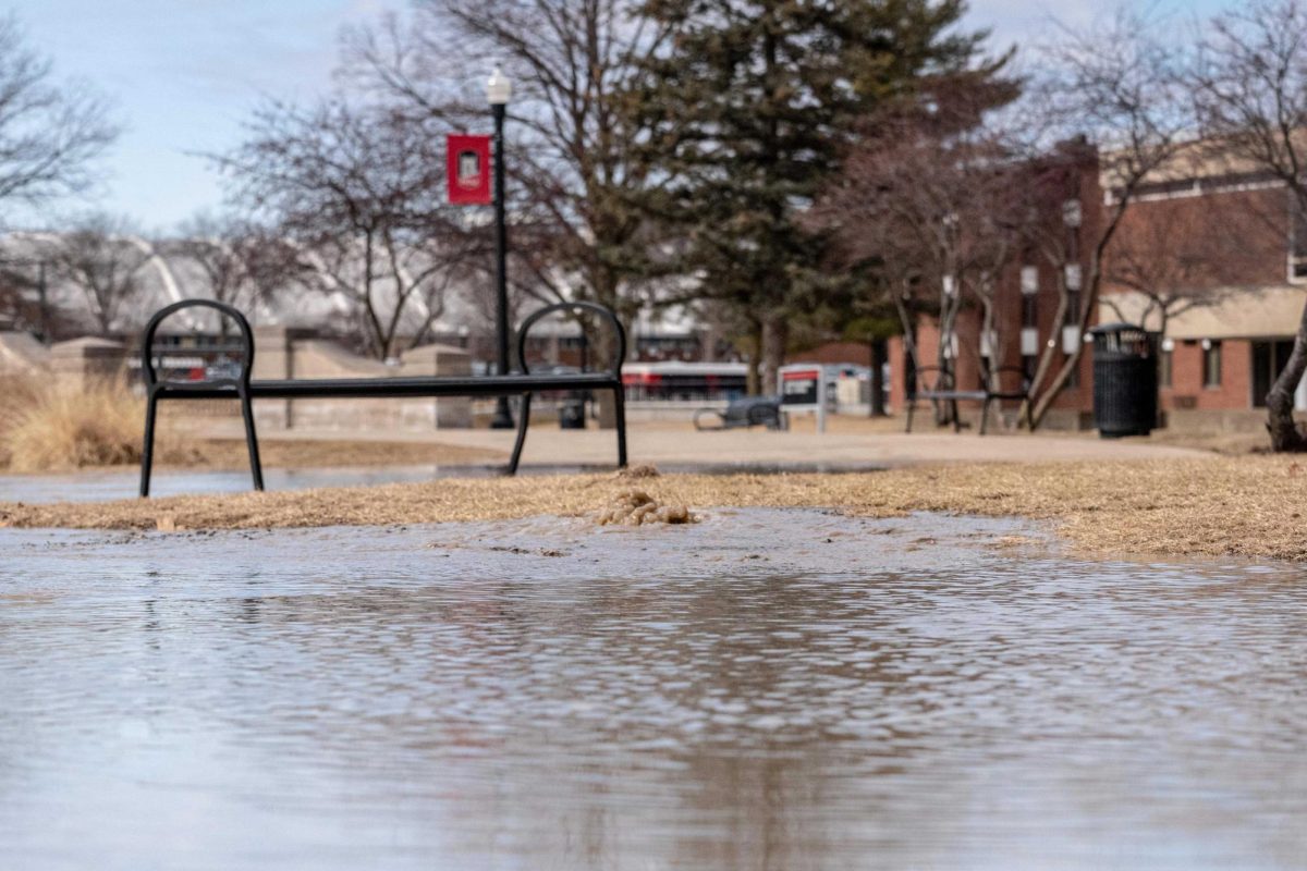 A flood covers a portion of the south end of Neptune Residence Hall. At approximately noon on Thursday, an apparent water leak flooded a portion of NIU's campus. (Totus Tuus Keely | Northern Star)