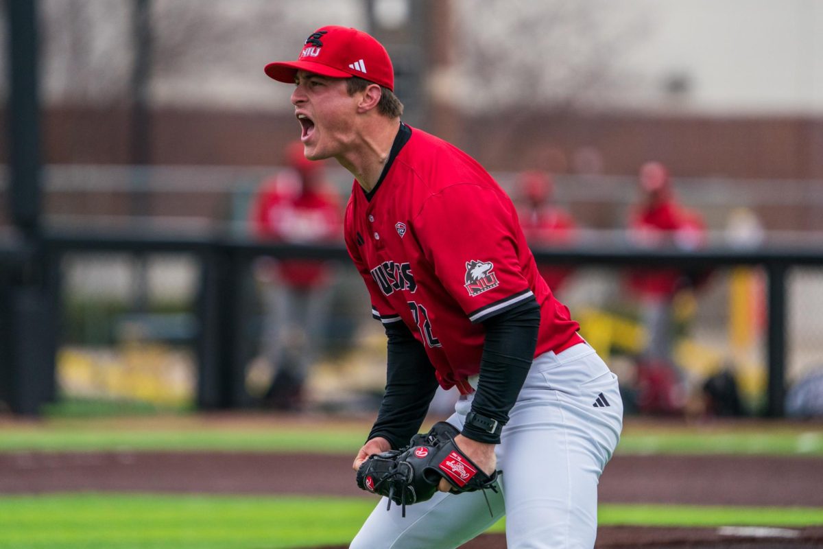 NIU Baseball senior pitcher Matt Tarr reacts after getting the final out against Miami University on Sunday at Ralph McKinzie Field. The Huskies narrowly escaped the RedHawks, winning the game 6-4 and sweeping the series. (Eric McGill | Northern Star)