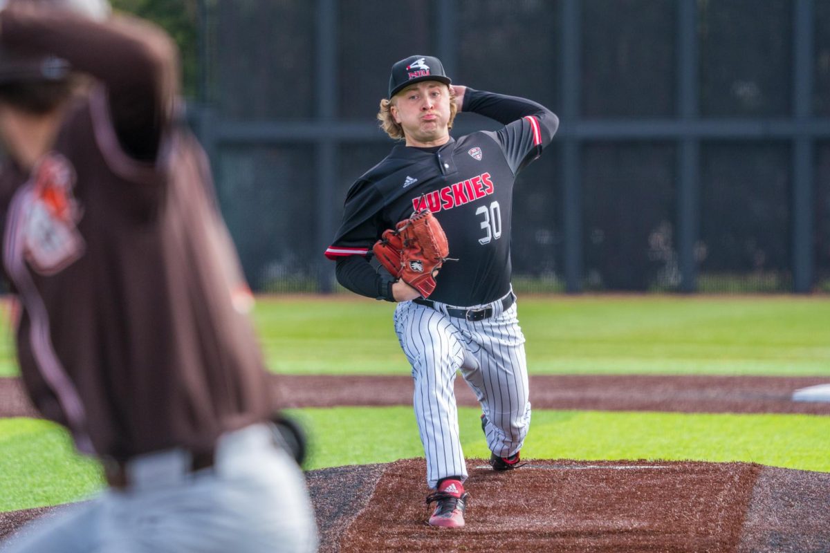 NIU baseball senior pitcher Max Vaisvila (30) delivers a pitch to Bowling Green State University sophomore outfielder Carter Mottice in the top of the seventh inning on Saturday at Ralph McKinzie Field at Walt and Janice Owens Park. Vaisvila threw a complete game in the second game of the series against the Falcons, allowing just one hit. (Eric McGill | Northern Star)