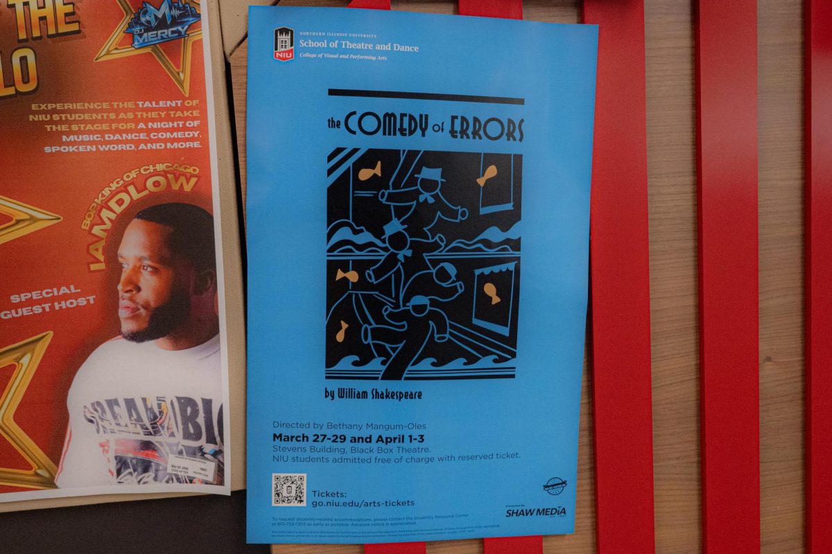 A poster for the NIU School of Theatre and Dance’s performance of “The Comedy of Errors” by William Shakespeare hangs on an event board in Holmes Student Center. The play will be showing from March 27 to March 29 and April 1 to April 3 at the Black Box Theater in Stevens Building. (Totus Tuus Keely | Northern Star)