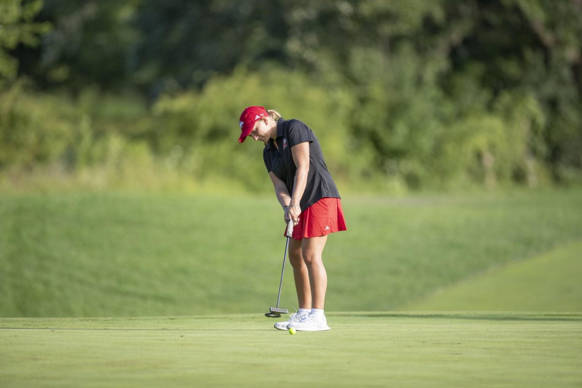 NIU women’s golf freshman Emilie Chile takes a shot during practice at Rich Harvest Farms. The Huskies finished in sixth place at the Nashville Invitational, which finished on Tuesday. (Courtesy of NIU Athletics)