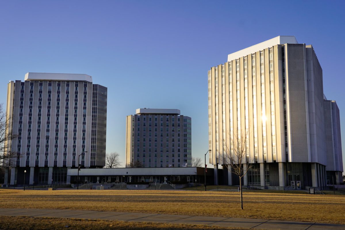 The sun bounces off the south face of Grant towers A and B. The towers were built between 1965 and 1966 and currently sit vacant due to a lack of fire suppression systems. (Ty McWilliams | Northern Star)