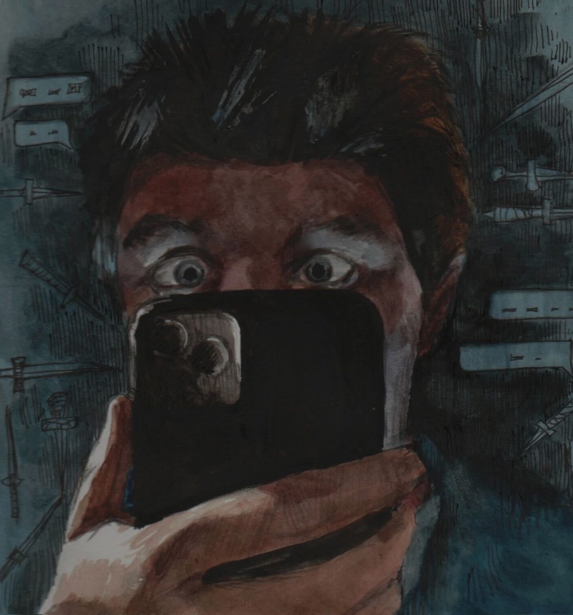 A cartoon depicts an individual staring at their phone surrounded by text bubbles. The Northern Star Editorial Board believes NIU students and social media users in general should be more careful about their digital footprint. (Sammy Duthie | The Northern Star)