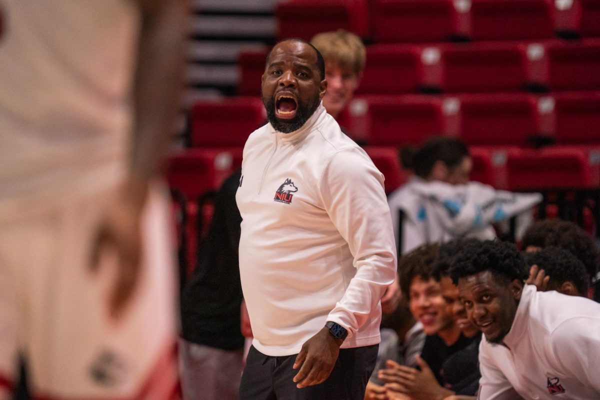 NIU men’s basketball head coach Rashon Burno calls out to his team against Kent State University on Tuesday in the Convocation Center. NIU was defeated 102-76, the first time NIU let up 100 points since Jan 11, 2025, against Ohio University. (Eric McGill | Northern Star)