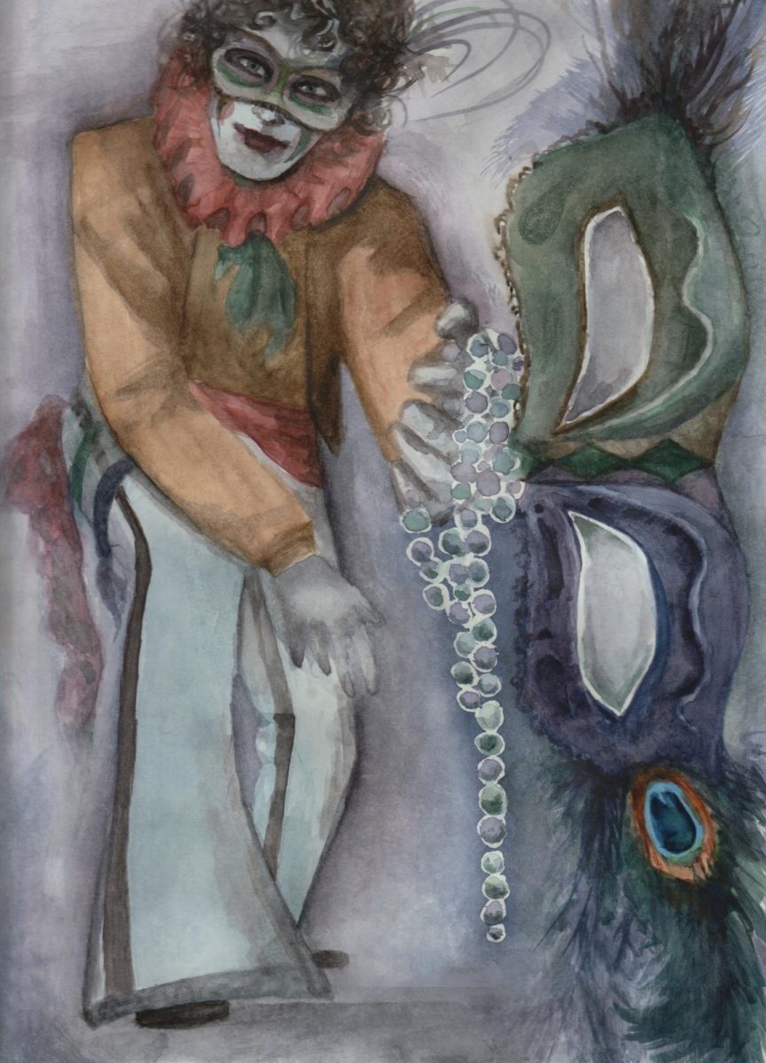 A cartoon depicts a masked man holding a set of beads. Cartoonist Sammy Duthie wishes NIU a fun Mardi Gras. (Sammy Duthie | Northern Star)