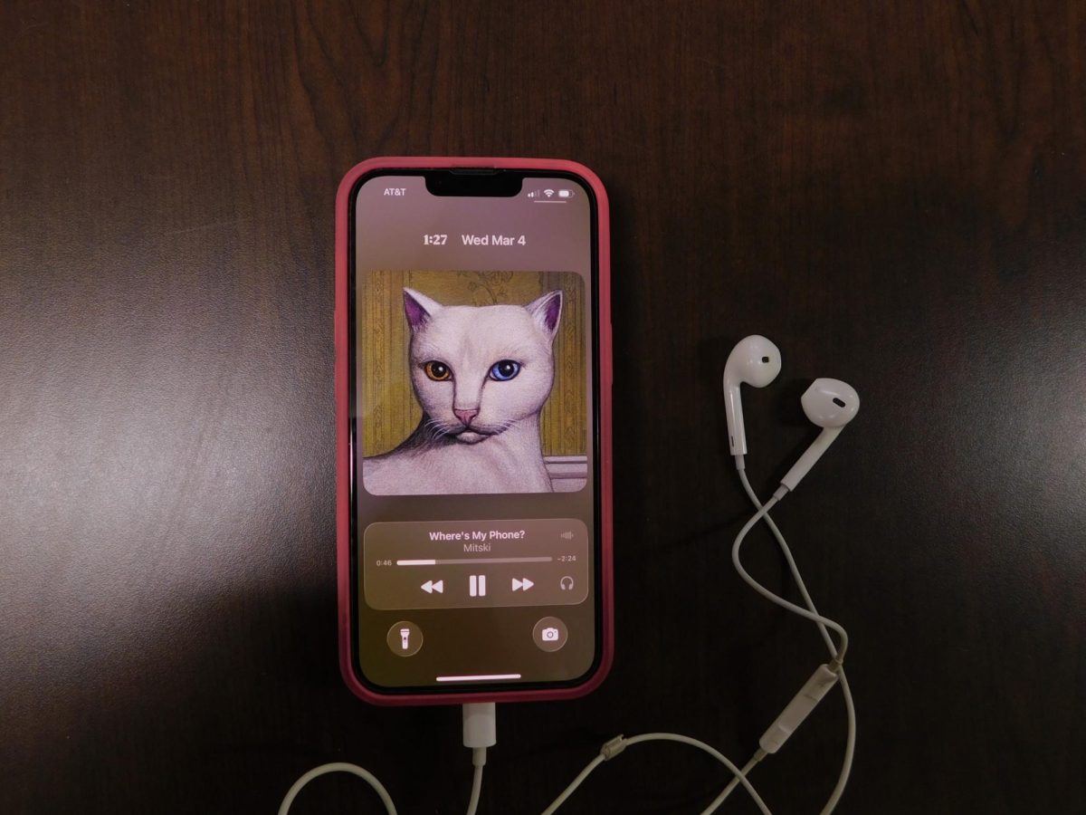 Mitski_1: The album cover of “Nothing’s About to Happen to Me” by Mitski is displayed on a phone screen. Managing Editor Brynn Krug left her remarks on Mitski’s latest album.  (Sofia Howell | Northern Star) 