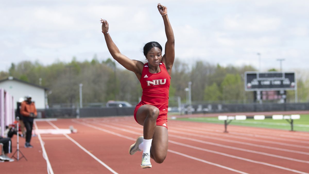 NIU track & field sophomore Precious Umukoro competes in the triple jump at the Huskie Classic on May 3. Umukoro came in second place in the triple jump at the Joyce Morton-Kief Invite on Saturday. (Courtesy of NIU Athletics)