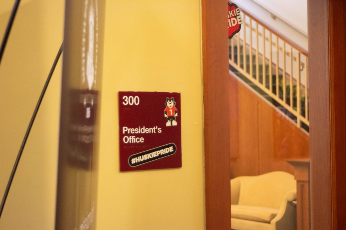 The plaque for the NIU President’s Office hangs near the door. NIU’s annual President’s Student Service and Leadership Awards honor students, organizations and advisors for their impact on campus. (Jayce Pendergrass | Northern Star)