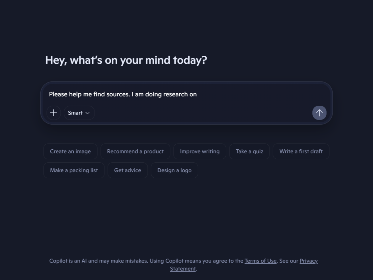 A screenshot shows Microsoft Copilot with "Please help me find sources. I am doing research on" written in as the prompt. NIU held a workshop on AI's use in academia research through websites such as Copilot, Elicit and Research Rabbit for the initial steps of research. (Totus Tuus Keely | Northern Star)