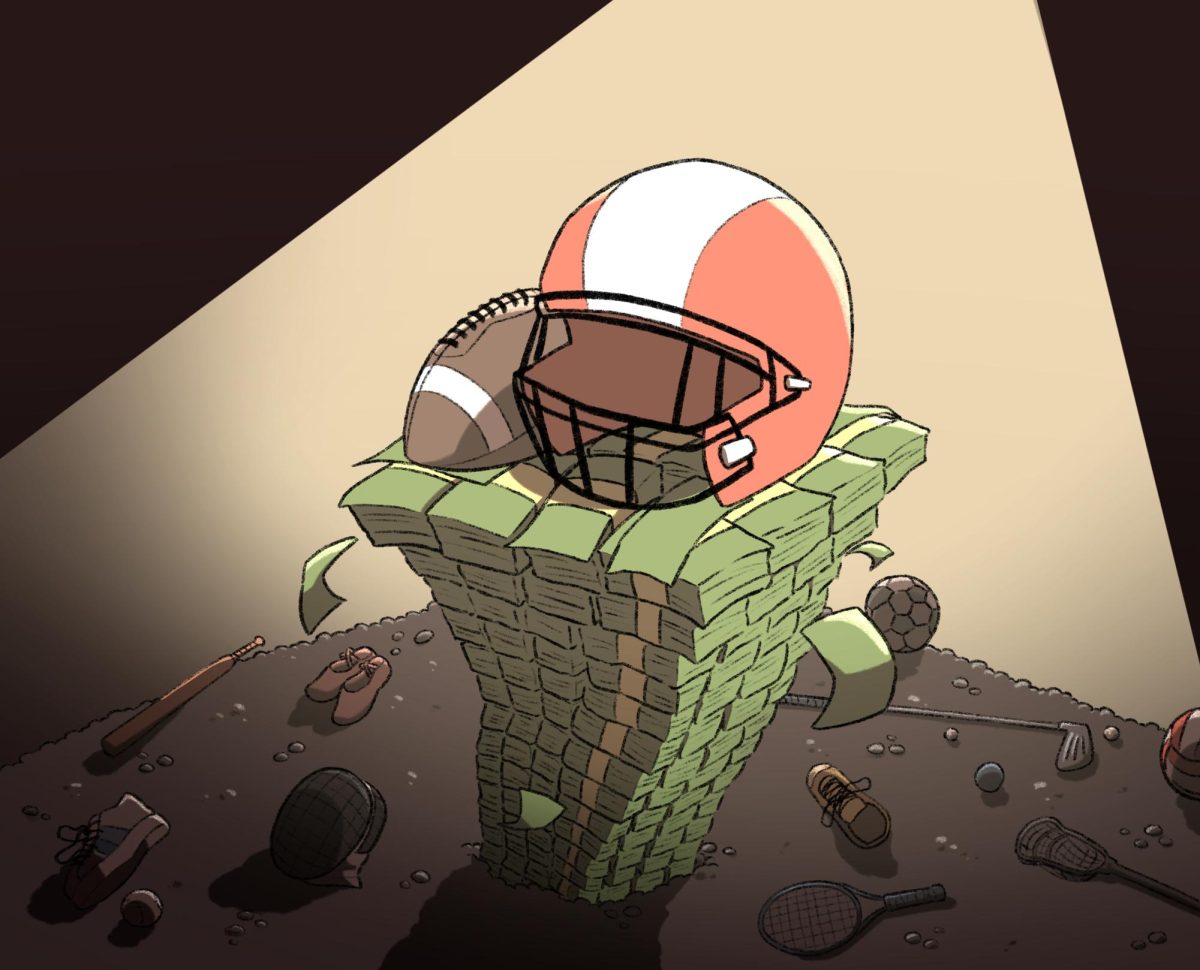 A cartoon depicts a football helmet on top of a tower of money. Cartoonist Maxwell Lehmann points out how much universities spend on their sports teams as opposed to renovations of campus infrastructure and other expenses. (Maxwell Lehmann | Northern Star)