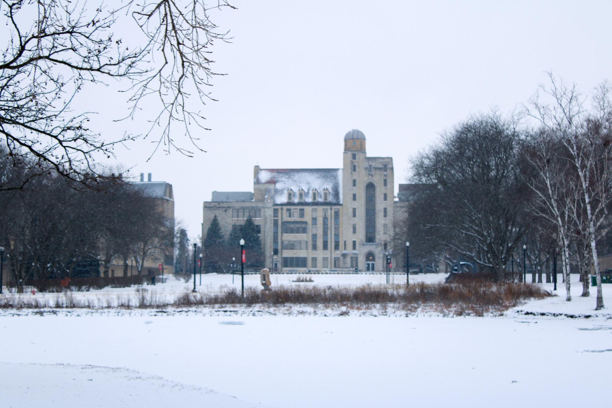 Davis Hall sits in the distance across East Lagoon as the snow falls. On Sunday, NIU announced campus operations would be moved online from midnight to 4:30 p.m. on Monday. (Northern Star File Photo)