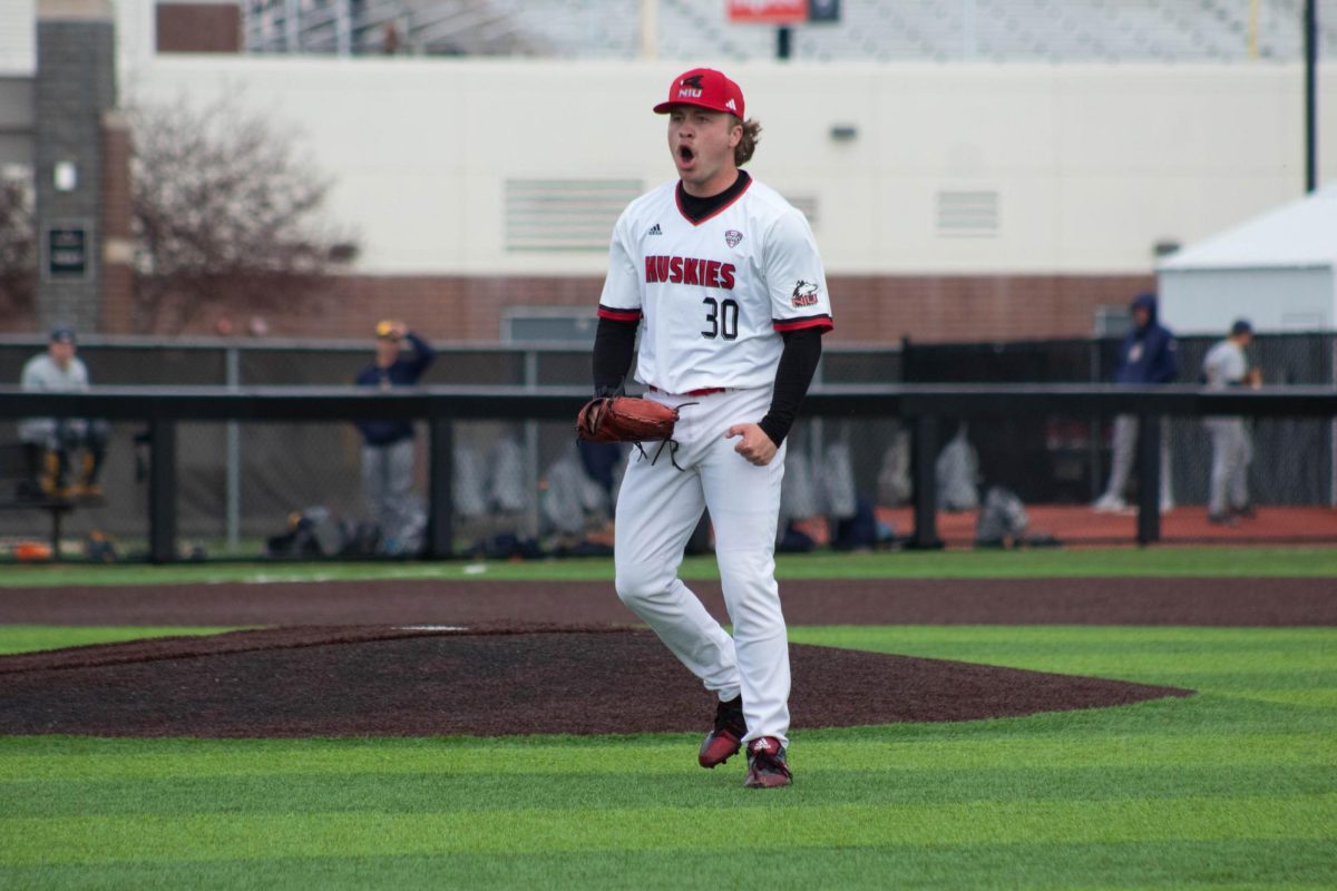 
NIU baseball senior pitcher Max Vaisvila celebrates after stirking out the final batter of the sixth inning against Kent State University on April 10. Vaisvila was named a semifinalist for the National Pitcher of the Year award on April 22.  (Northern Star file photo)