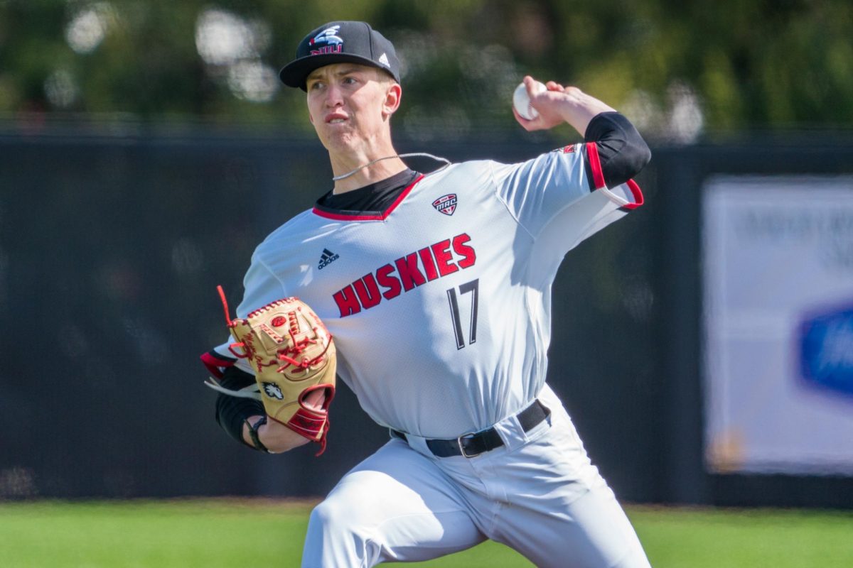 NIU baseball freshman pitcher Mason Orton delivers a strike for the first pitch of the game against Eastern Illinois University on April 7 at Ralph McKinzie Field at Walt and Janice Owens Park. Orton pitched two innings while allowing a run in NIU’s 11-8 win over Eastern Michigan University on Saturday. (Northern Star file photo)