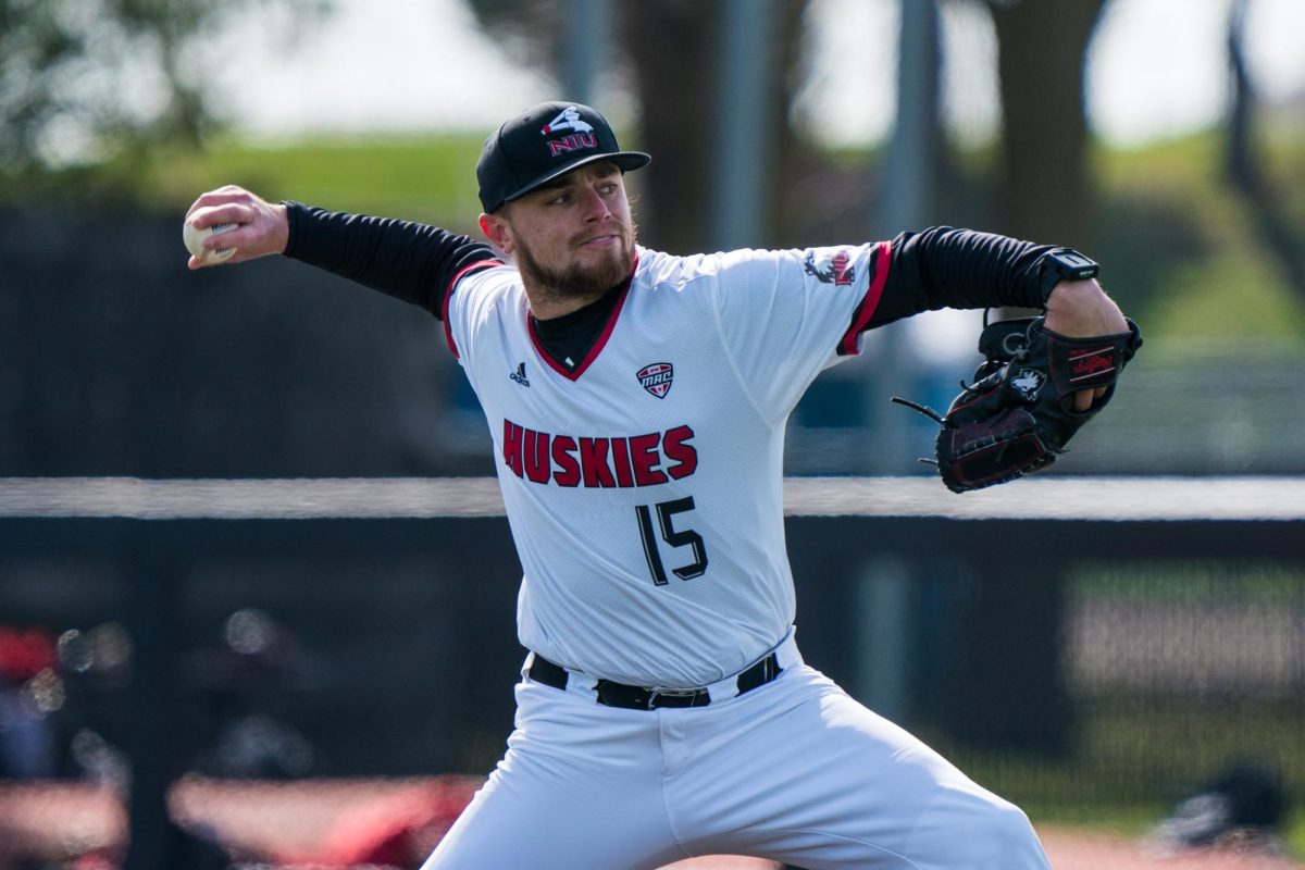 NIU baseball senior pitcher Blake Gaskey delivers a pitch to Eastern Illinois University senior infielder Mike O’Conor in the top of the third inning on April 7 at Ralph McKinzie Field at Walt and Janice Owens Park. Gaskey conceded 4 runs as the Huskies defeated the University of Akron in a 10-8 game on Friday. (Northern Star file photo)