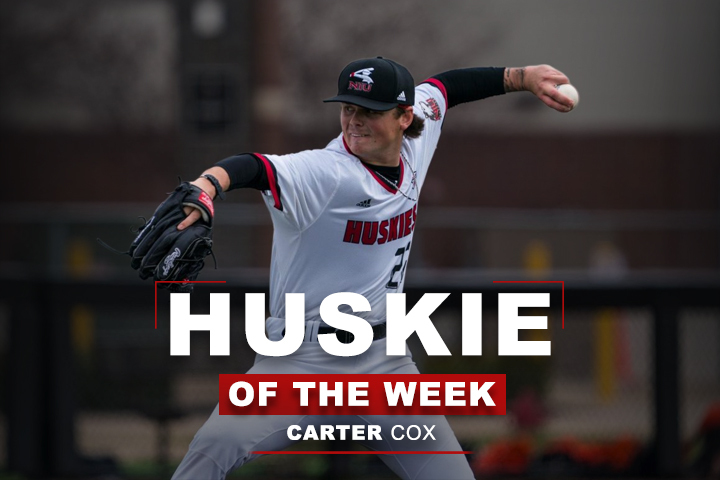 A graphic depicts NIU baseball sophomore pitcher Carter Cox as this week’s Huskie of the Week.Cox was named the Mid-American Conference Pitcher of the Week after striking a career-high 12 batters in eight innings on Saturday . (Edison Miller | Northern Star)