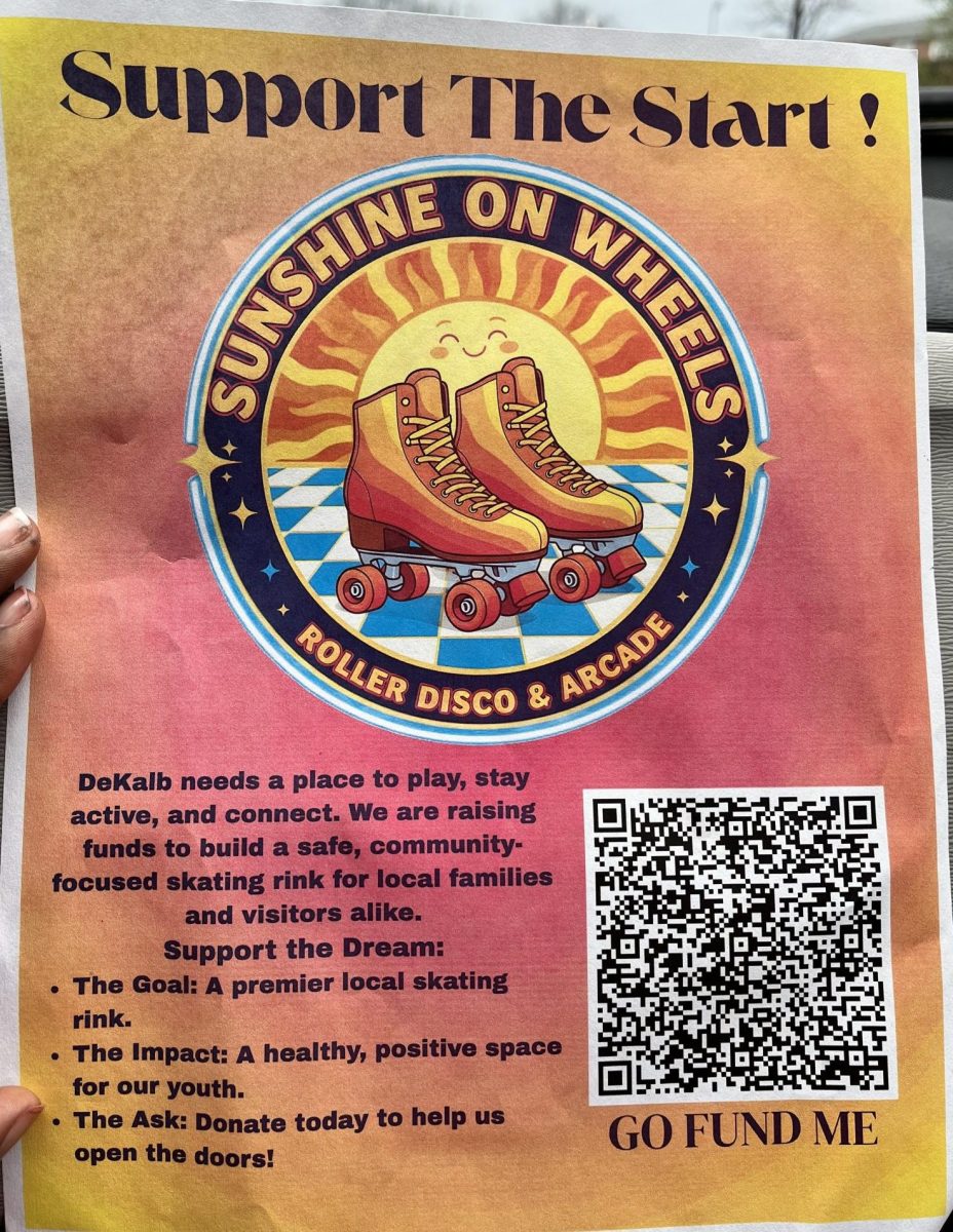 A picture displays a poster promoting the start of Sunshine on Wheels, a proposed project for a rollerskate disco and arcade business in DeKalb. Community member Lorraine Dixon is organizing the project and looks to open a business in 2027. (Courtesy of Lorraine Dixon)
