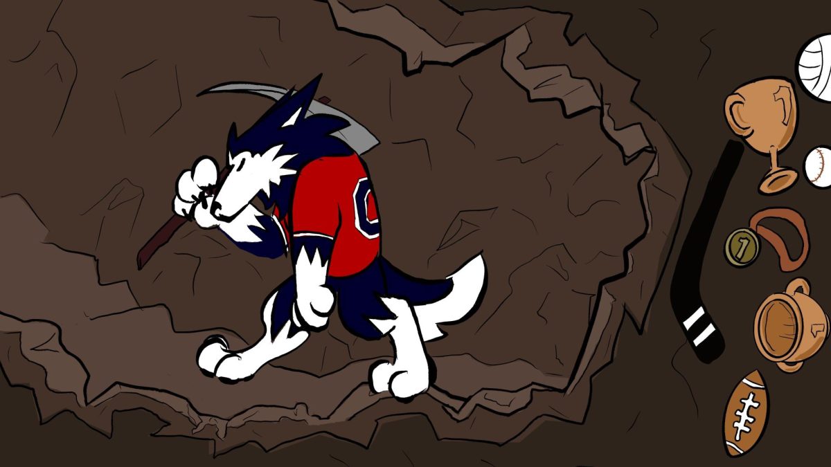 A cartoon depicts Victor E. Huskie as a popular meme about gambling. The Northern Star Editorial Board believes companies like Kalshi are encouraging sports betting and making gambling more common in culture, leading to addictions. (Kaylee Rutherford | Northern Star)