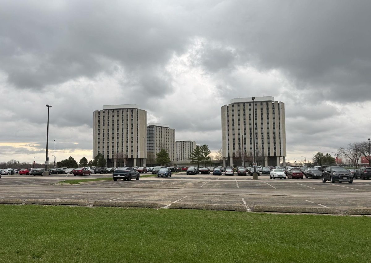 Lot P sits in front of Stevenson Towers. The Northern Star Treasure Hunt came to an end on Wednesday after the paperweight was found under a parking stop. (Brynn Krug | Northern Star) 