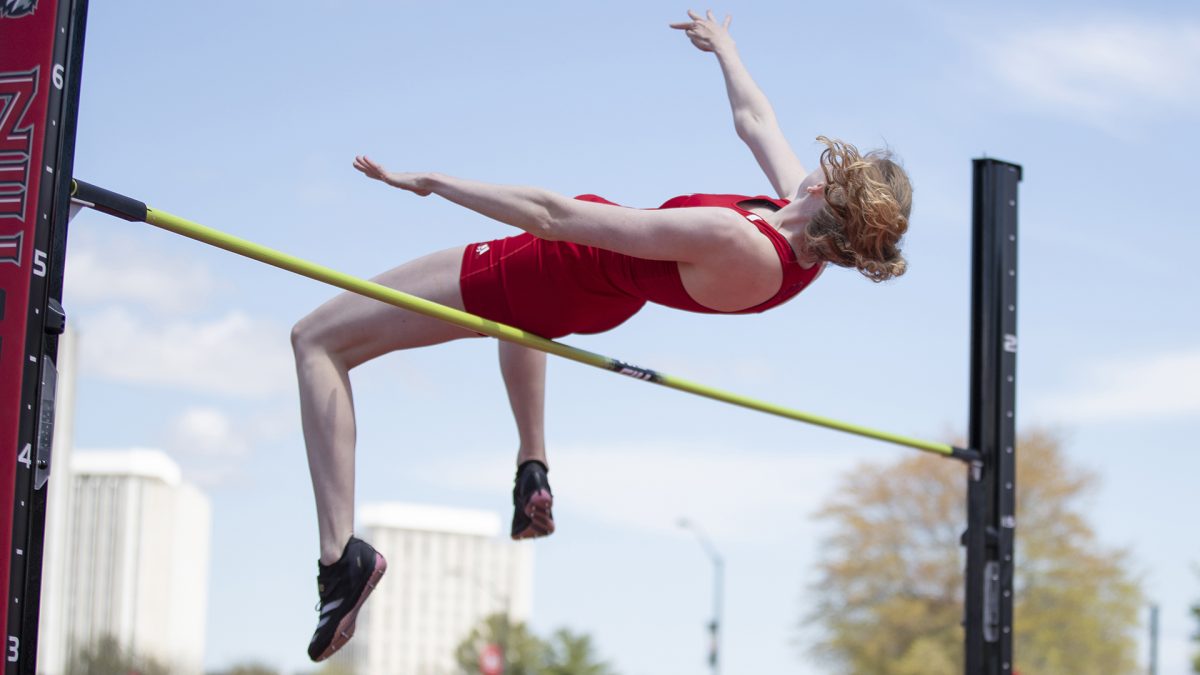 NIU track & field sophomore Jasmijn Raes competes in the high jump at the Huskie Classic on May 3. Raes took second in the high jump at the Michael Johnson Invitational. (Courtesy of NIU Athletics)
