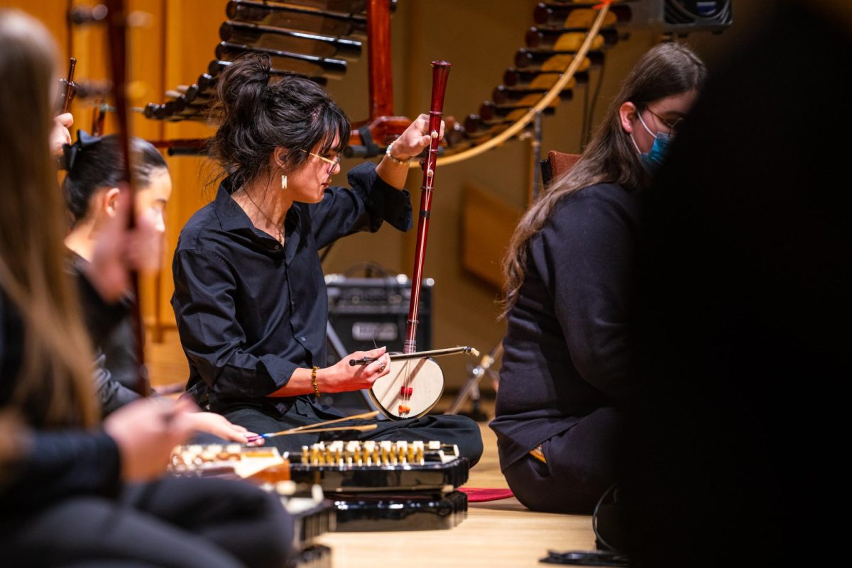 Gabriel Roethle performs “Klaun Kratob Fung (2 Chan)” on the saw u Tuesday in the Music Building, Boutell Memorial Concert Hall. The next World Music Festival concert is Friday for the Sounds of Crossing Borders Part 1. (Eric McGill | Northern Star)