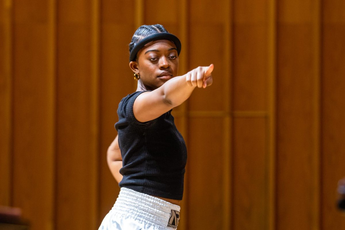 A performer dances during the Music of Thailand concert on Tuesday in the Music Building, Boutell Memorial Concert Hall. There were six separate pieces performed on Tuesday by the Thai/Laos Music Ensemble. (Eric McGill | Northern Star)