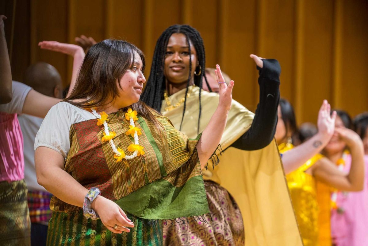 NIU students dance during the final performance at the Music of Thailand concert on Tuesday in the Music Building, Boutell Memorial Concert Hall. The event was hosted by the Department of Academic Diversity, Equity and Inclusion, the Center for Southeast Asian Studies and the School of Music. (Eric McGill | Northern Star)