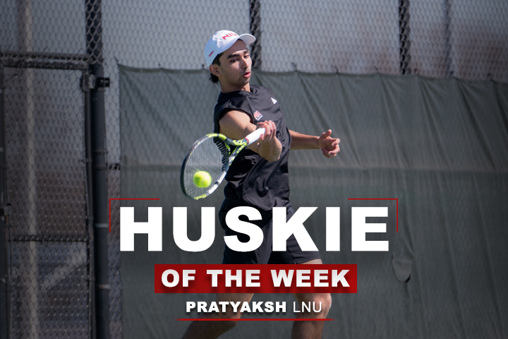 A graphic depicts NIU men’s tennis sophomore Pratyaksh LNU as this week’s Huskie of the Week. LNU won his match at No. 6 singles on Saturday to send NIU to the Mid-American Conference championship match on Sunday.  (Edison Miller | Northern Star)