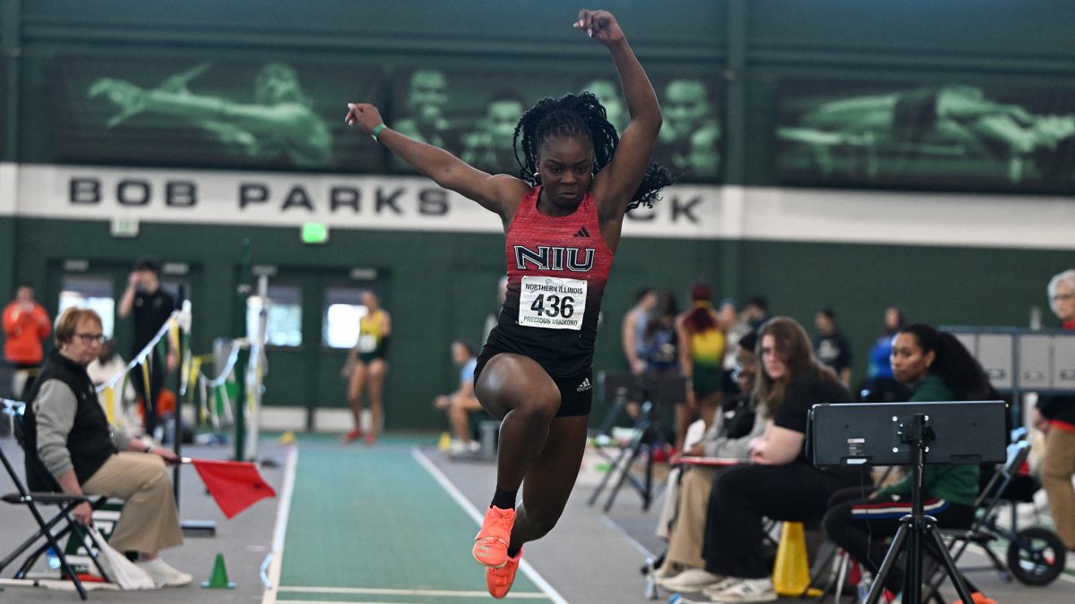 NIU sophomore track athlete Precious Umukoro competes in the long jump at Eastern Michigan University. In her long jump at the Bobcat Invitational, Umukoro recorded a jump of 6.03 meters, placing her in fourth all-time at NIU. (Courtesy of NIU Athletics)