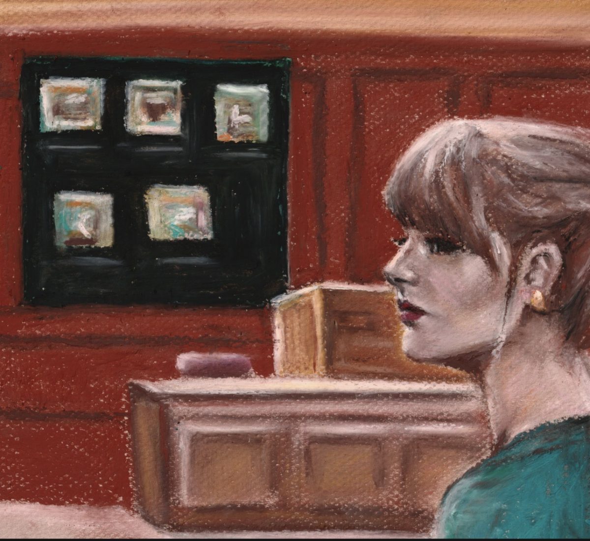 A cartoon depicts pop star Taylor Swift in a court room. The star is currently being sued over the rights to the title of her recent album "The Life of a Showgirl." (Samantha Duthie | Northern Star)