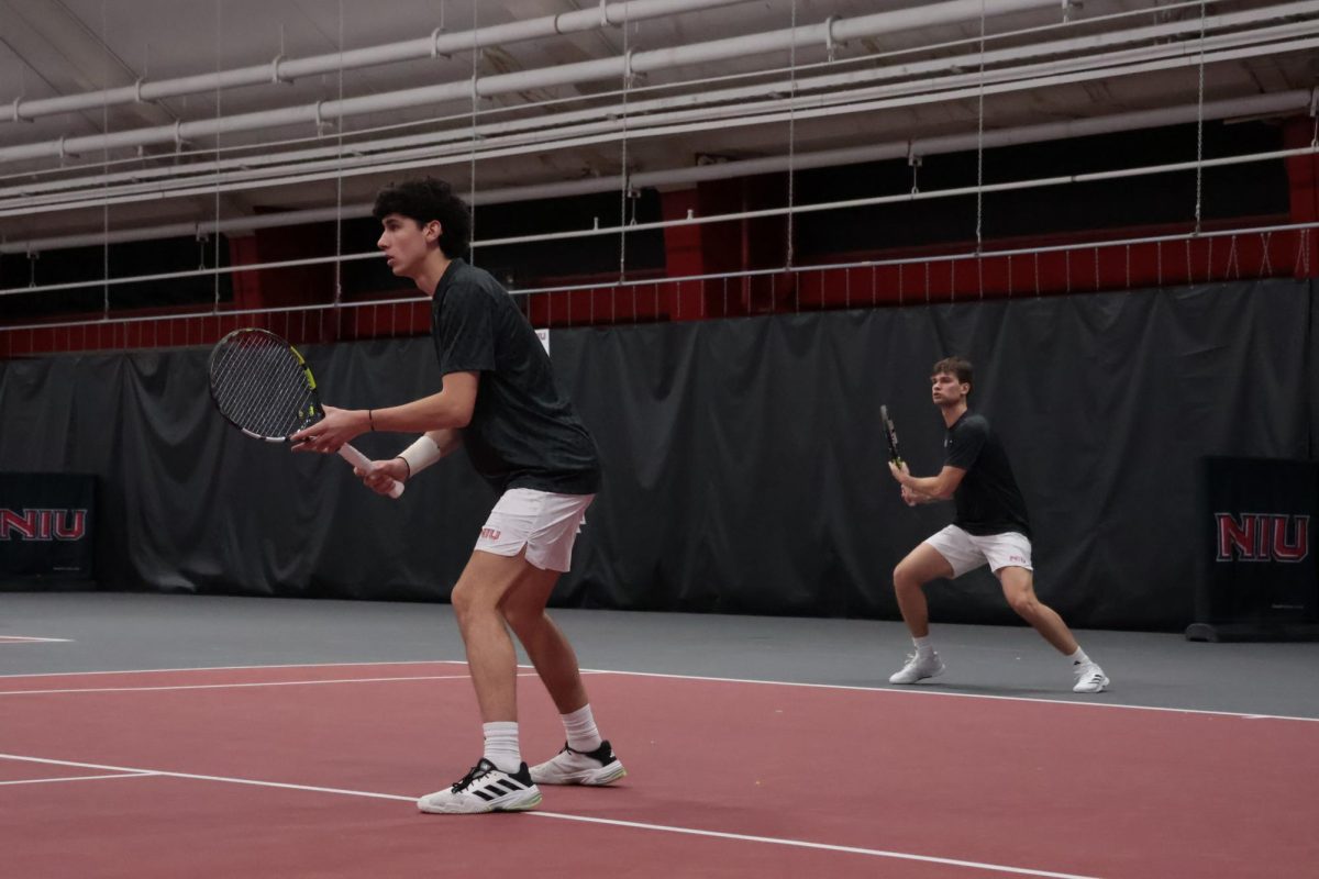 NIU men’s tennis seniors Iker Gaztambide Arrastia and Federico Scotuzzi compete in their doubles match against Illinois State University on Jan. 24. The duo was named the Mid-American Conference Doubles Team of the Week on Monday, while Gaztambide Arrastia was named the Singles Player of the Week. (Northern Star file photo)
