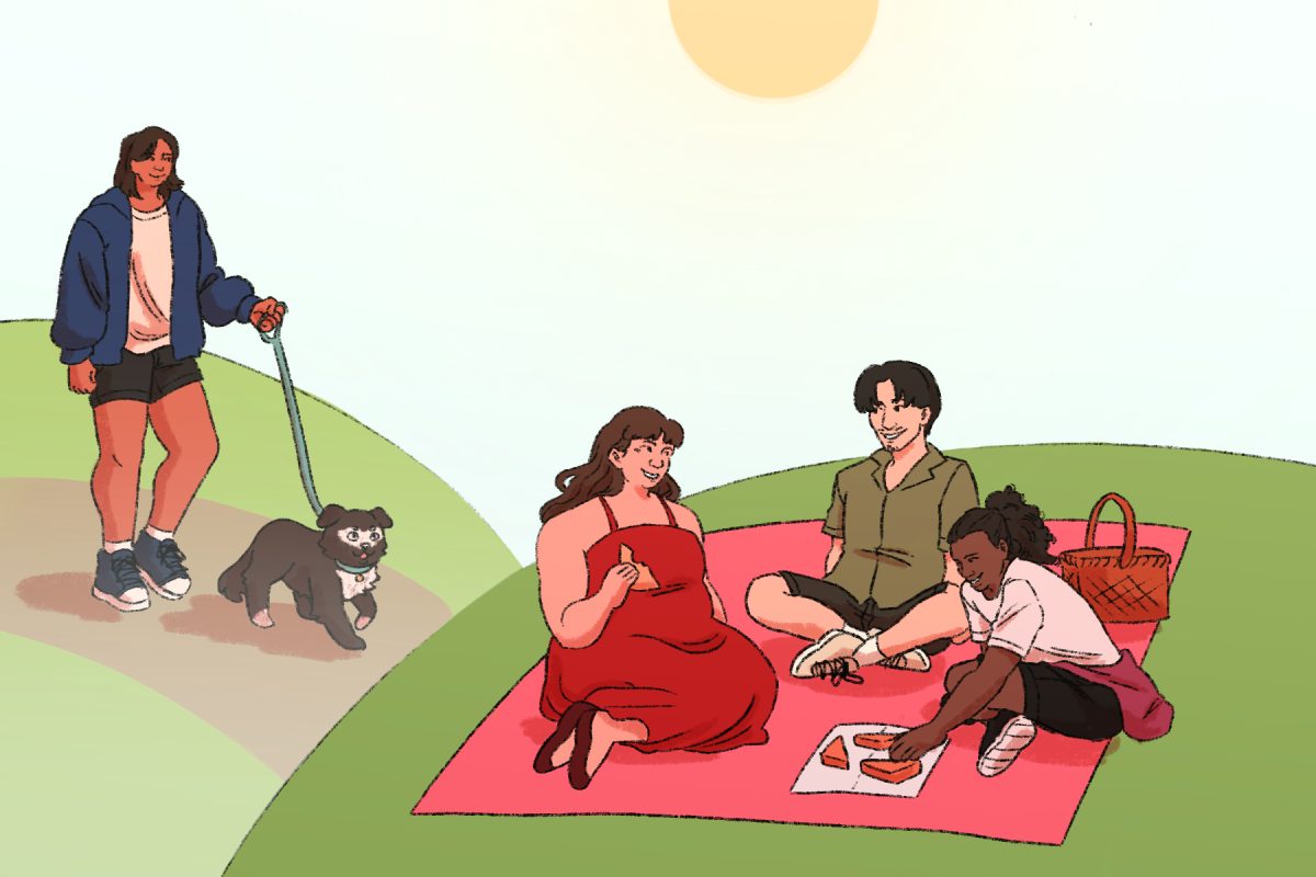 A cartoon depicts various people enjoying sunny weather. Cartoonist Maxwell Lehmann celebrates the changing weather as the school year comes to a close. (Maxwell Lehmann | Northern Star)