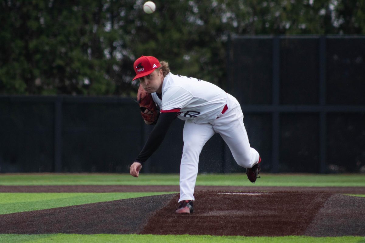 NIU baseball senior pitcher Max Vaisvila pitches in the top of the third inning against Kent State University on April 10 at Ralph McKinzie Field at Walt and Janice Owens Park. Vaisvila started against Western Michigan University on Wednesday for the Mid-American Conference Tournament quarterfinals, finishing in seven innings after an 11-0 run-rule. (Jayce Pendergrass | Northern Star)