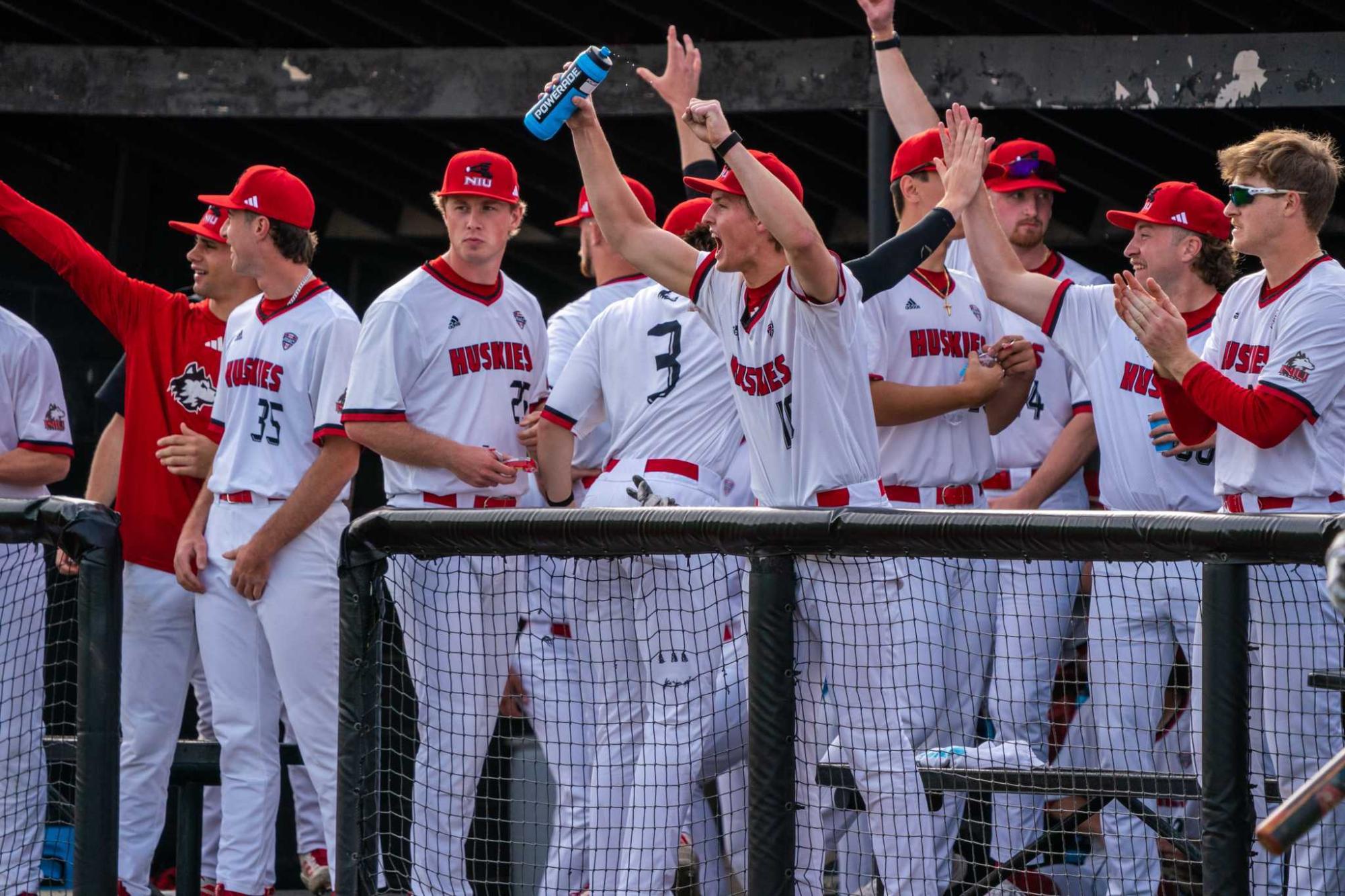 The NIU Baseball team cheers from the dugout during the game against Miami University on March 20 at Ralph McKinzie Field at Walt and Janice Owens Park. NIU advances to the 2026 NCAA Division I Baseball Championship Tallahassee Region and will face Coastal Carolina University at 7 p.m. Friday at Florida State University. (Eric McGill | Northern Star)