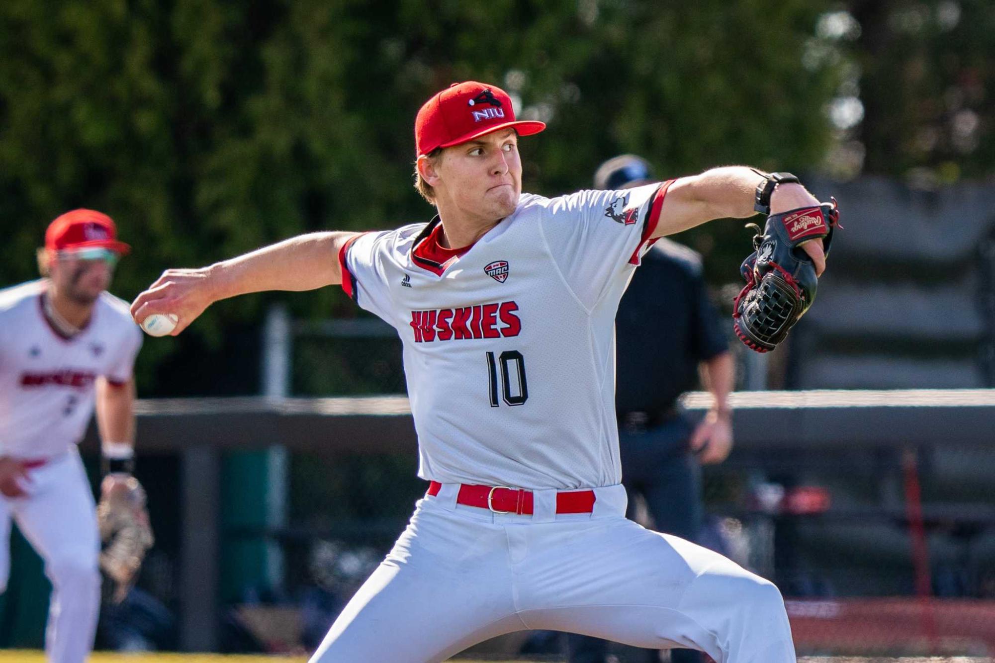 NIU baseball junior starting pitcher Danny Cihocki (10) delivers a pitch in the top of the second inning against Miami University on March 20 at Ralph McKinzie Field at Walt and Janice Owens Park. Cihocki was credited with NIU's 12-10 win again Coastal Carolina University for the first round of the Tallahassee Regional of the NCAA Division I Baseball Tournament on Friday at Florida State University. (Northern Star File Photo)