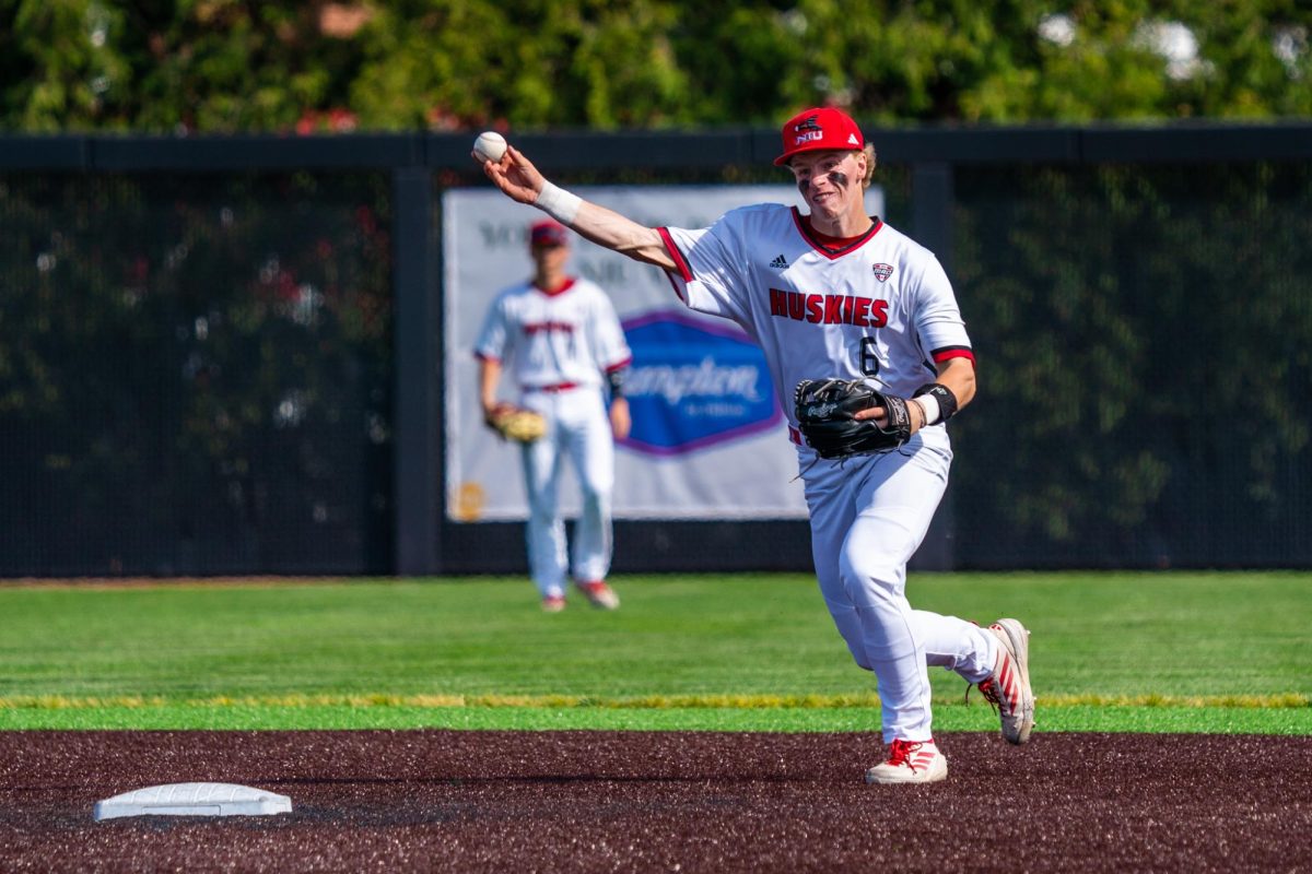 NIU baseball sophomore shortstop Nolan Sandee throws out the leadoff hitter in the top of the third inning on Tuesday at Ralph McKinzie Field at Walt and Janice Owens Park. Sandee was one of three Huskies to hit a home run in NIU’s 12-1 win over Central Michigan University in Mount Pleasant, Michigan, on Friday. (Northern Star file photo)